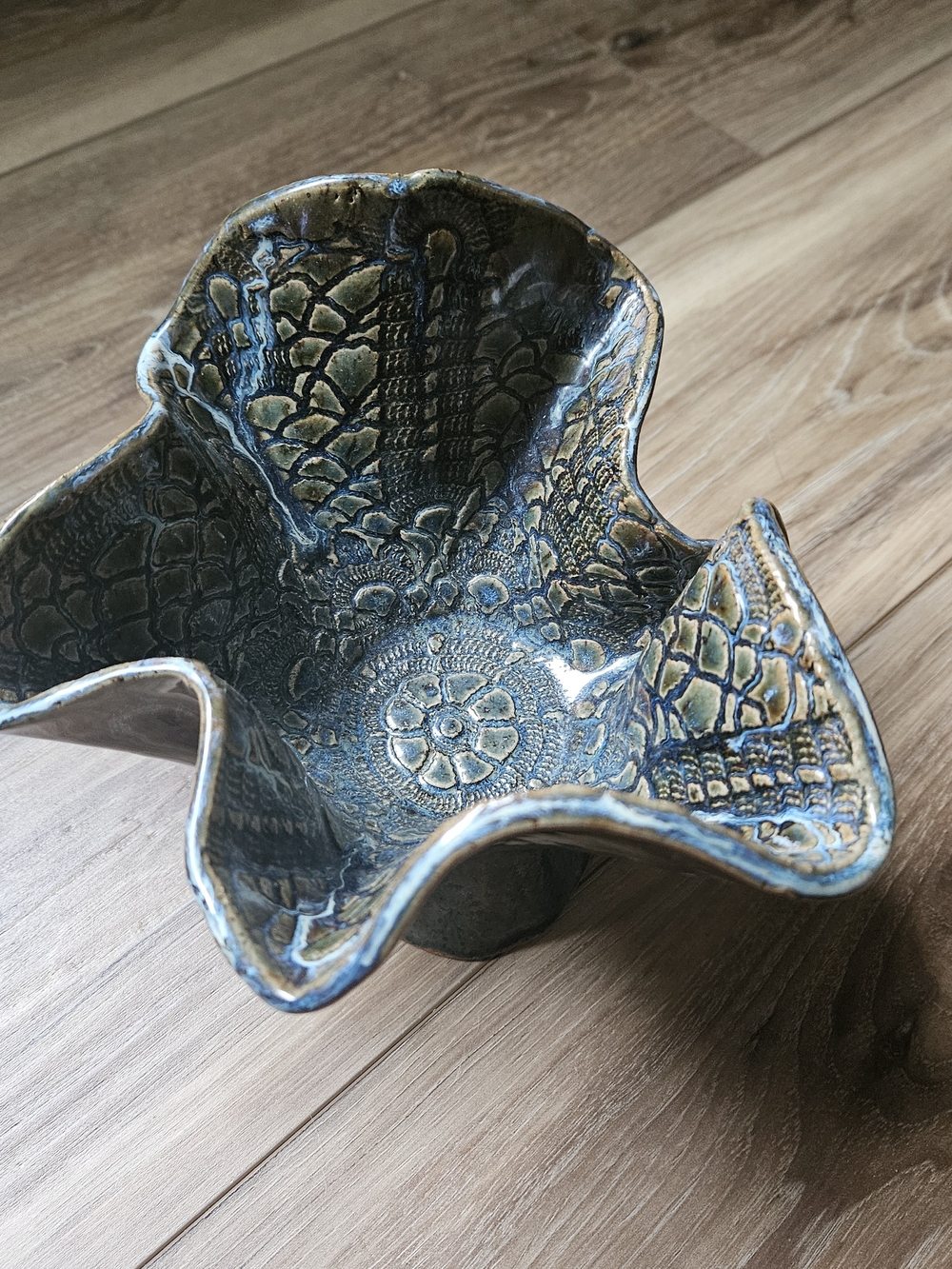 Handcrafted Free Flow Blue-Green Ceramic Art Bowl